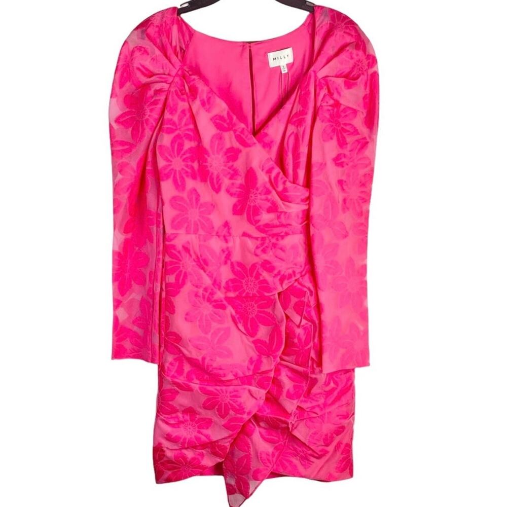 Milly Floral Organza Sheath Mini Dress Long Sleeve Ruffled Hot Pink Size 2 New